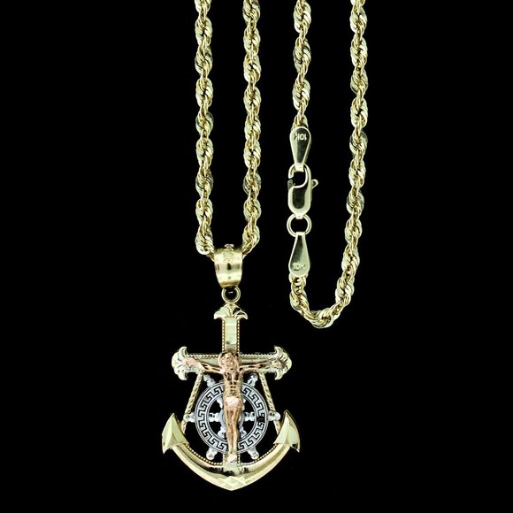 10K Real Gold Rope Chain and Anchor Cross Pendant Set - Picture 1 of 9